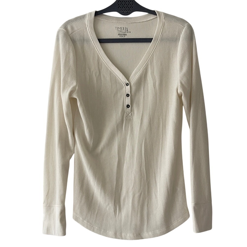 Time and Tru Cream Henley Long Sleeve Top Large